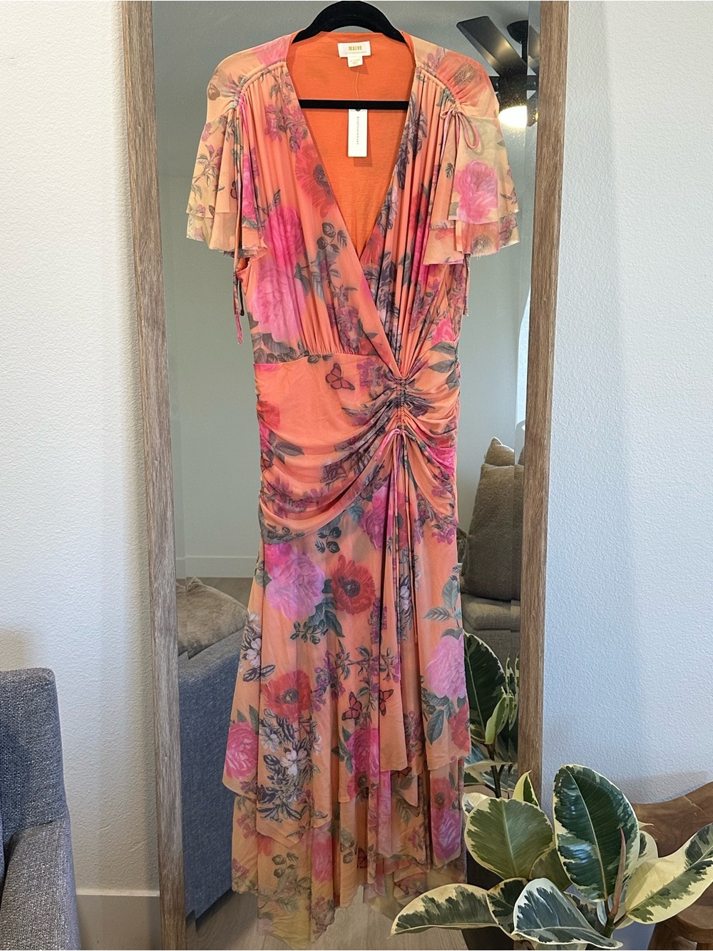 Maeve Peach Floral Ruched Wrap Maxi Dress - Picture 2 of 3